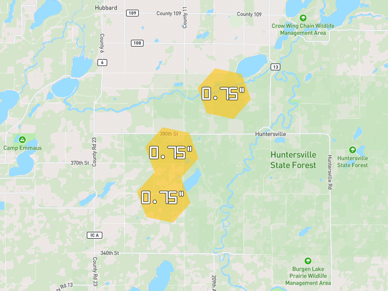 Hail map of Menahga, MN on Jun 30, 2026, hail up to 0.75"