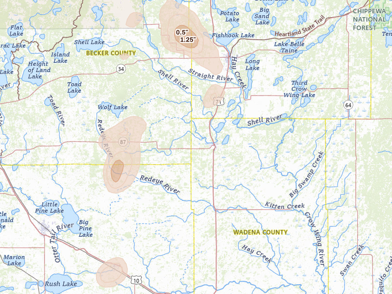 Radar-estimated hail-size map of the storm over Menahga, MN on Jul 4, 2026
