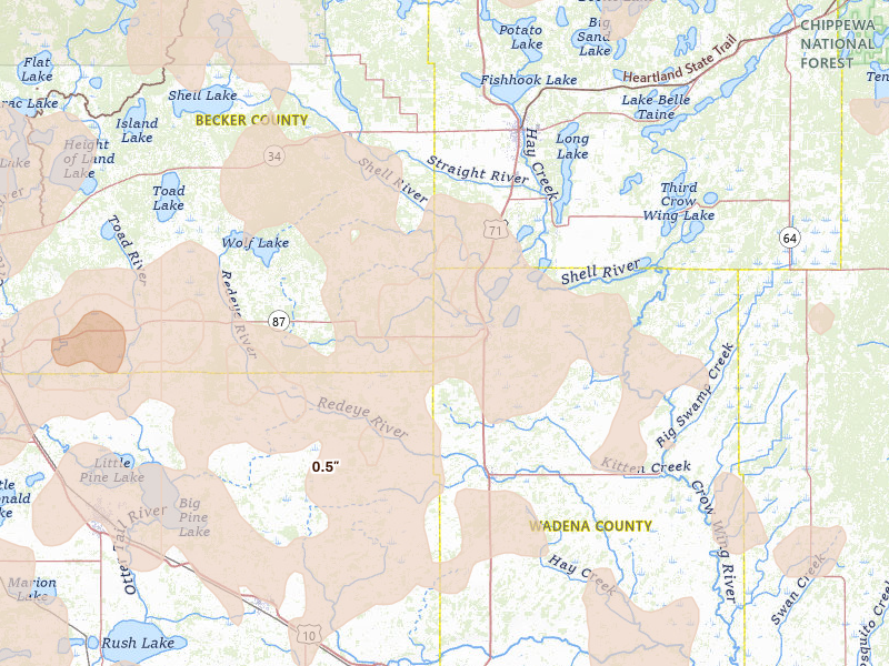 Radar-estimated hail-size map of the storm over Menahga, MN on Jul 6, 2026