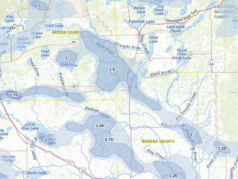 NEXRAD radar-signature map of the hail storm over Menahga, MN on Jul 6, 2026