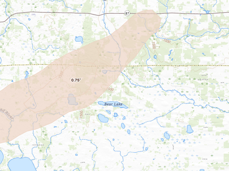 Radar-estimated hail-size map of the storm over Menahga, MN on Aug 3, 2026