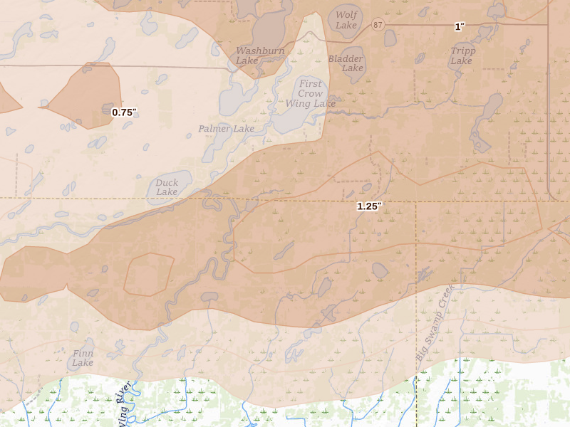 Radar-estimated hail-size map of the storm over Menahga, MN on Aug 6, 2026