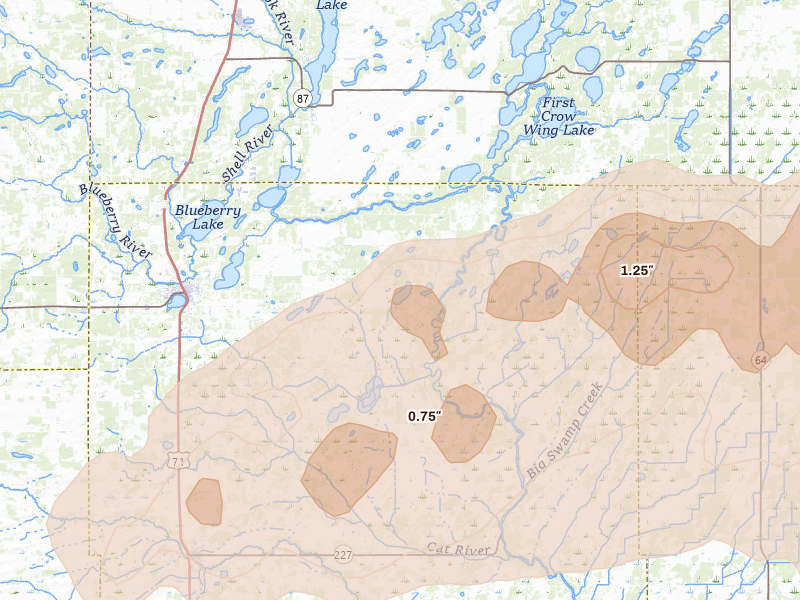 Radar-estimated hail-size map of the storm over Menahga, MN on Aug 7, 2026