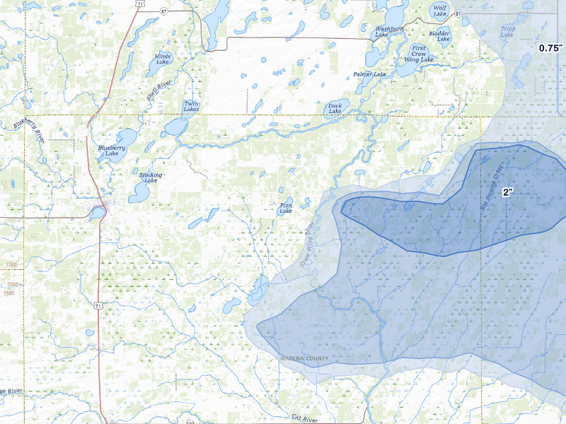 NEXRAD radar-signature map of the hail storm over Menahga, MN on Aug 7, 2026