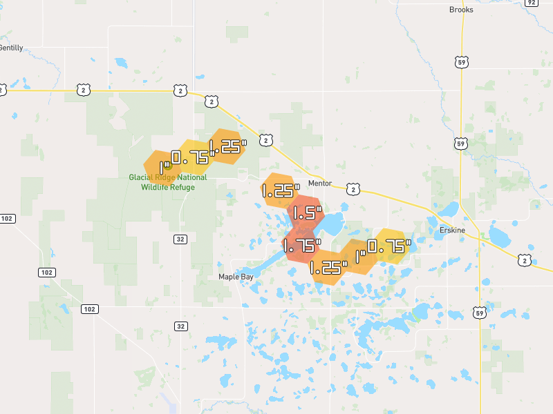 Hail map of Mentor, MN on Jul 6, 2026, hail up to 1.75"