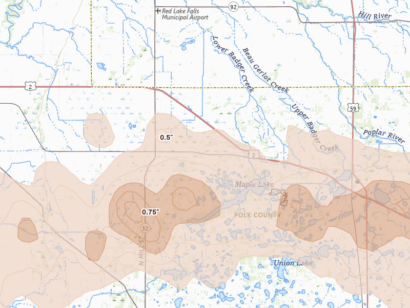Radar-estimated hail-size map of the storm over Mentor, MN on Sep 3, 2026