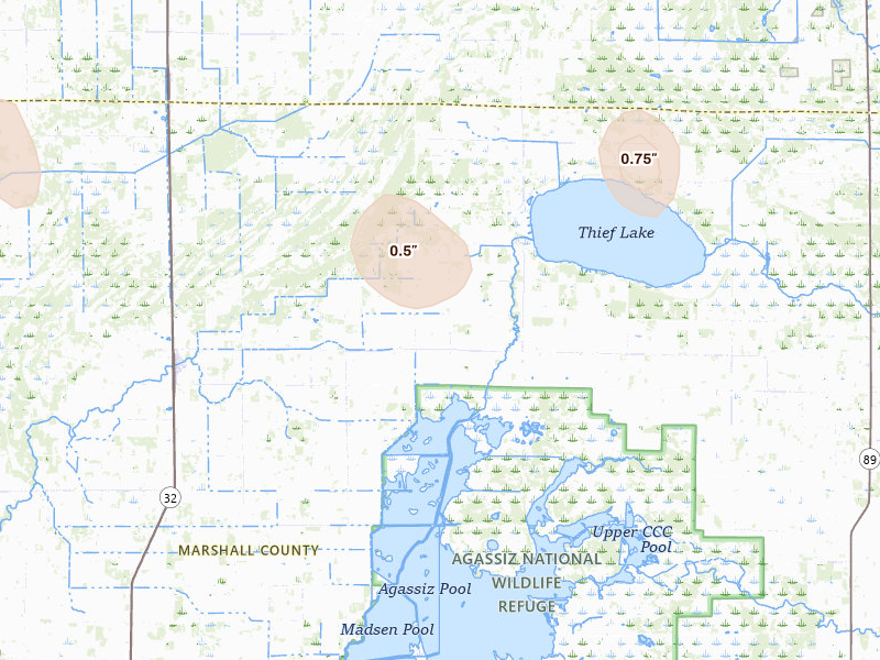 Radar-estimated hail-size map of the storm over Middle River, MN on Jun 9, 2026