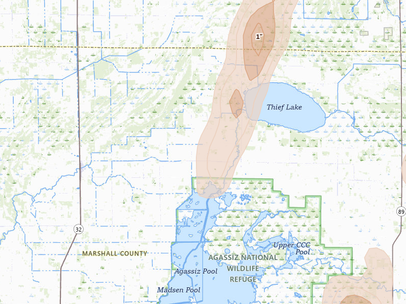 Radar-estimated hail-size map of the storm over Middle River, MN on Jun 10, 2026