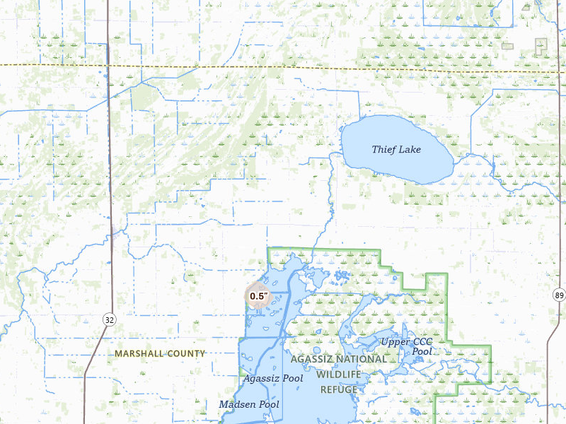 Radar-estimated hail-size map of the storm over Middle River, MN on Jul 4, 2026