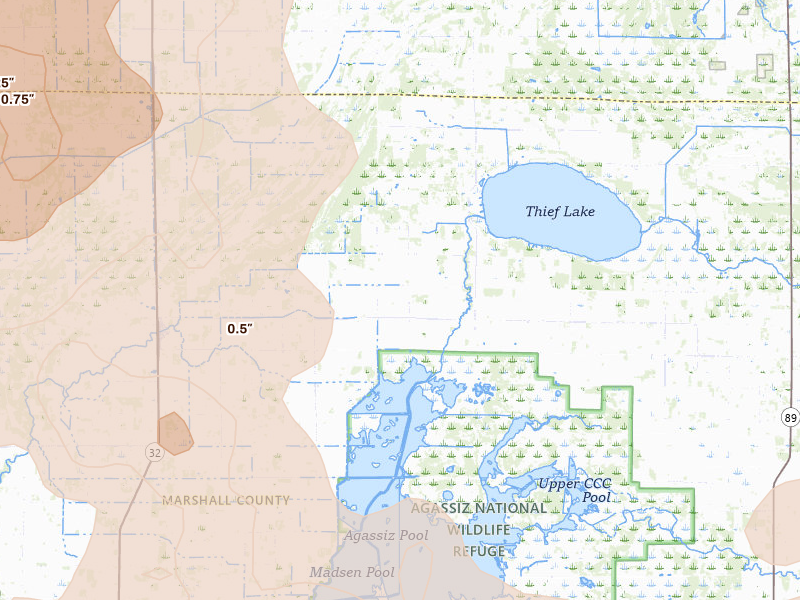 Radar-estimated hail-size map of the storm over Middle River, MN on Jul 6, 2026