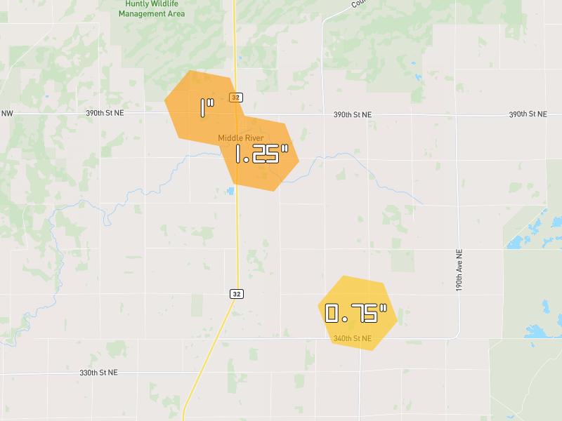 Hail map of Middle River, MN on Jul 6, 2026, hail up to 1.25"