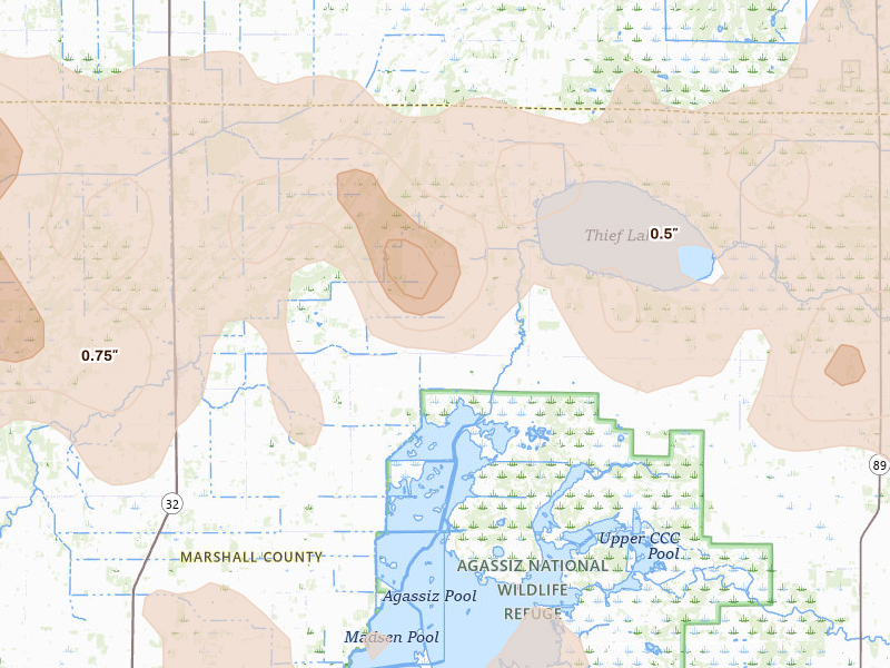 Radar-estimated hail-size map of the storm over Middle River, MN on Jul 24, 2026