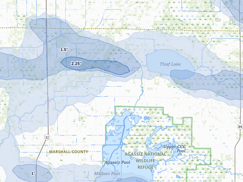 NEXRAD radar-signature map of the hail storm over Middle River, MN on Jul 24, 2026