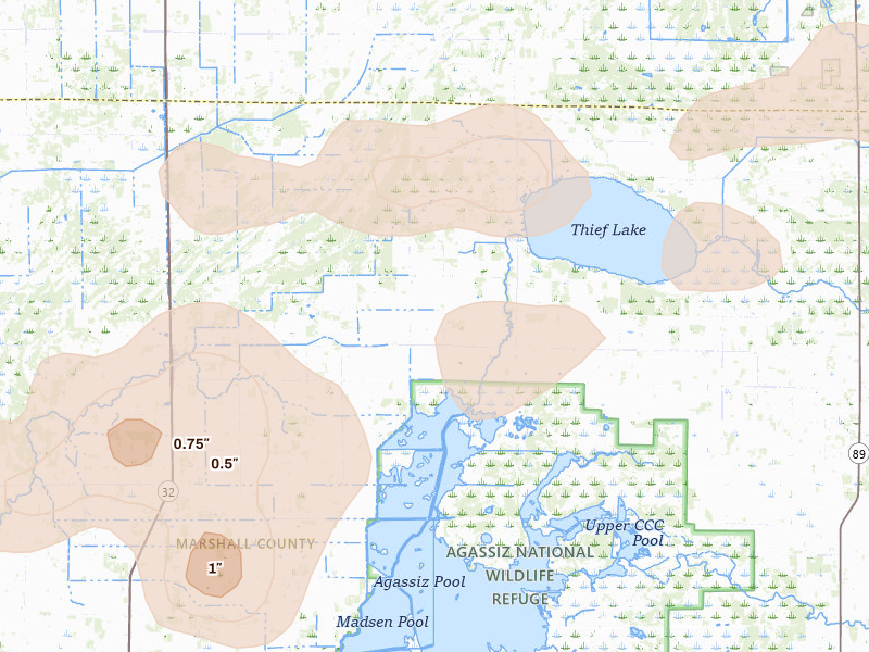 Radar-estimated hail-size map of the storm over Middle River, MN on Jul 30, 2026