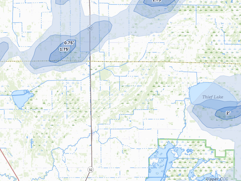 NEXRAD radar-signature map of the hail storm over Middle River, MN on Aug 2, 2026