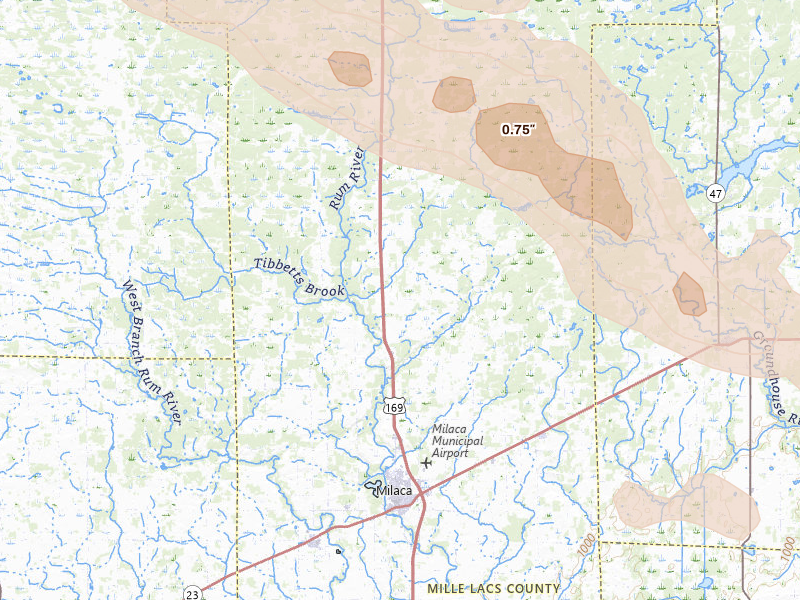 Radar-estimated hail-size map of the storm over Milaca, MN on Jun 19, 2026