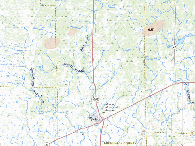Radar-estimated hail-size map of the storm over Milaca, MN on Jun 28, 2026