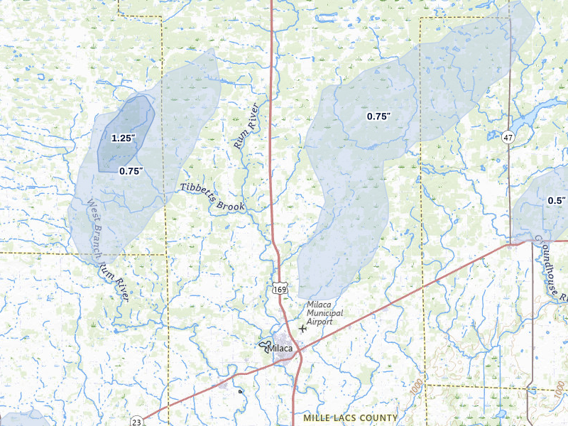 NEXRAD radar-signature map of the hail storm over Milaca, MN on Jun 28, 2026