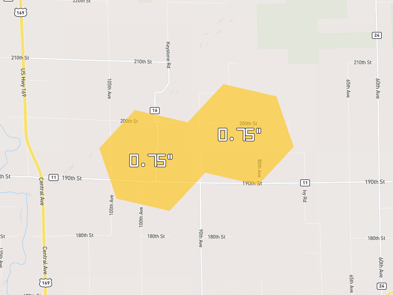 Hail map of Milaca, MN on Jun 29, 2026, hail up to 0.75"