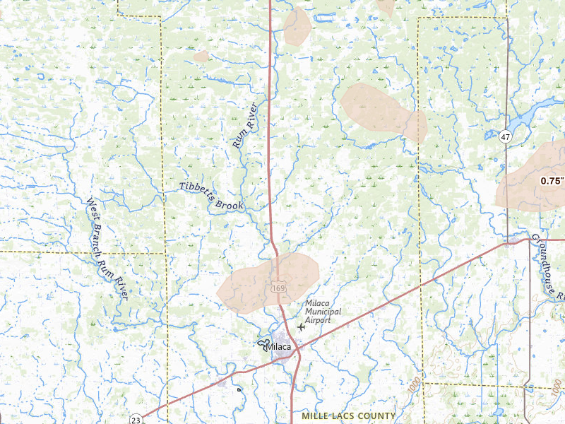 Radar-estimated hail-size map of the storm over Milaca, MN on Jul 7, 2026
