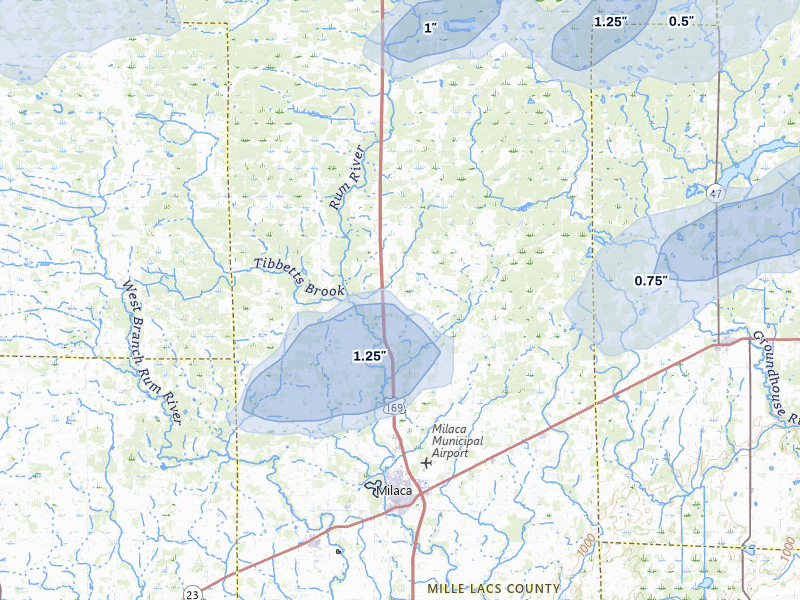 NEXRAD radar-signature map of the hail storm over Milaca, MN on Jul 7, 2026