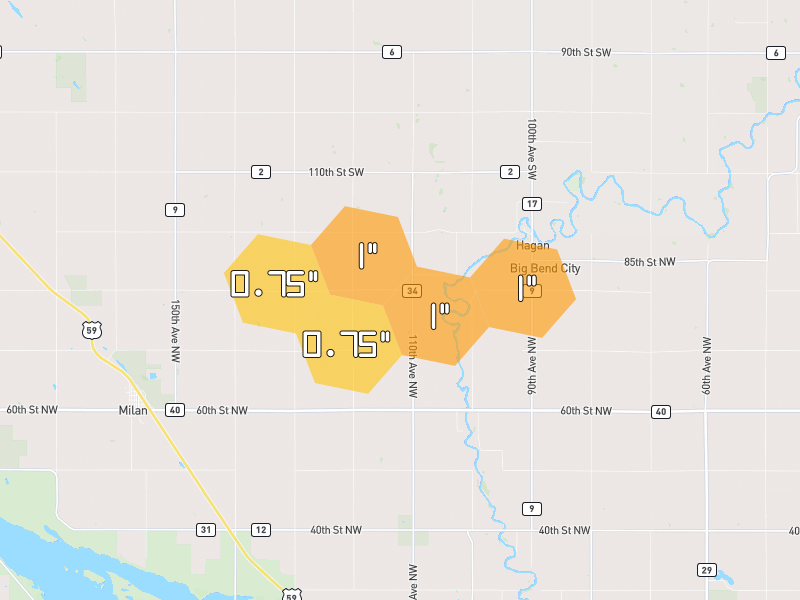 Hail map of Milan, MN on Jun 4, 2026, hail up to 1"