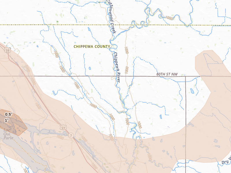Radar-estimated hail-size map of the storm over Milan, MN on Jul 4, 2026