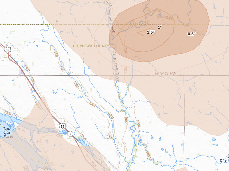Radar-estimated hail-size map of the storm over Milan, MN on Jul 19, 2026