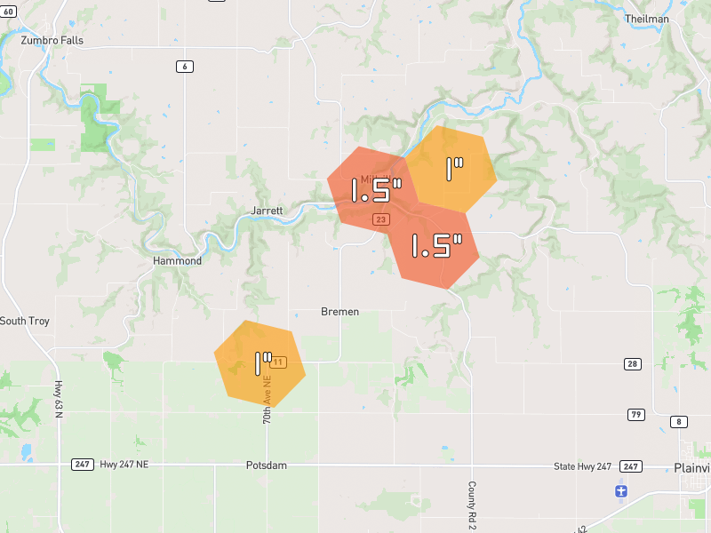 Hail map of Millville, MN on Jun 30, 2026, hail up to 1.5"