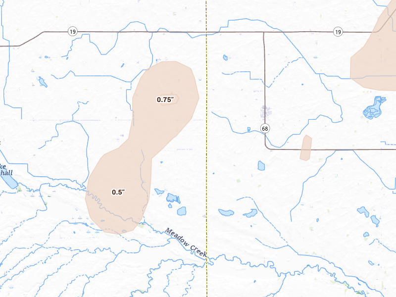 Radar-estimated hail-size map of the storm over Milroy, MN on Jun 9, 2026