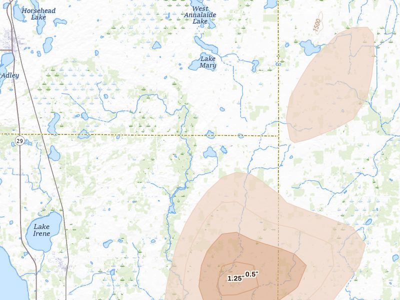 Radar-estimated hail-size map of the storm over Miltona, MN on Jun 8, 2026