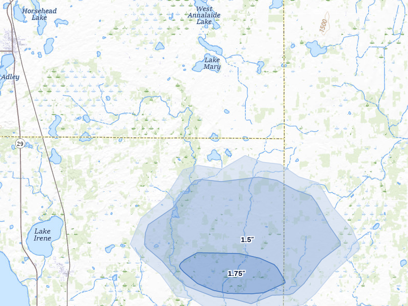 NEXRAD radar-signature map of the hail over Miltona, MN