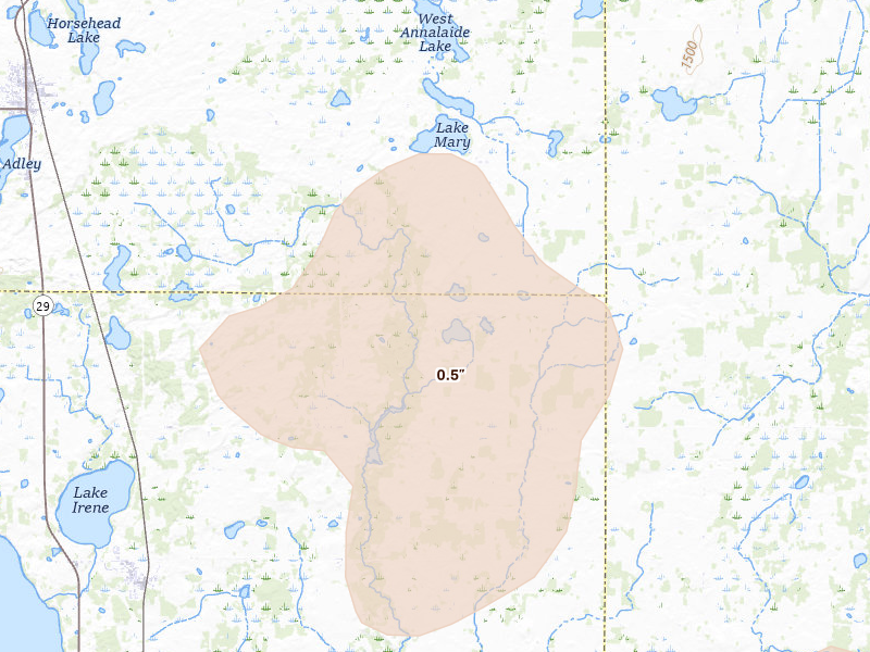 Radar-estimated hail-size map of the storm over Miltona, MN on Jul 6, 2026