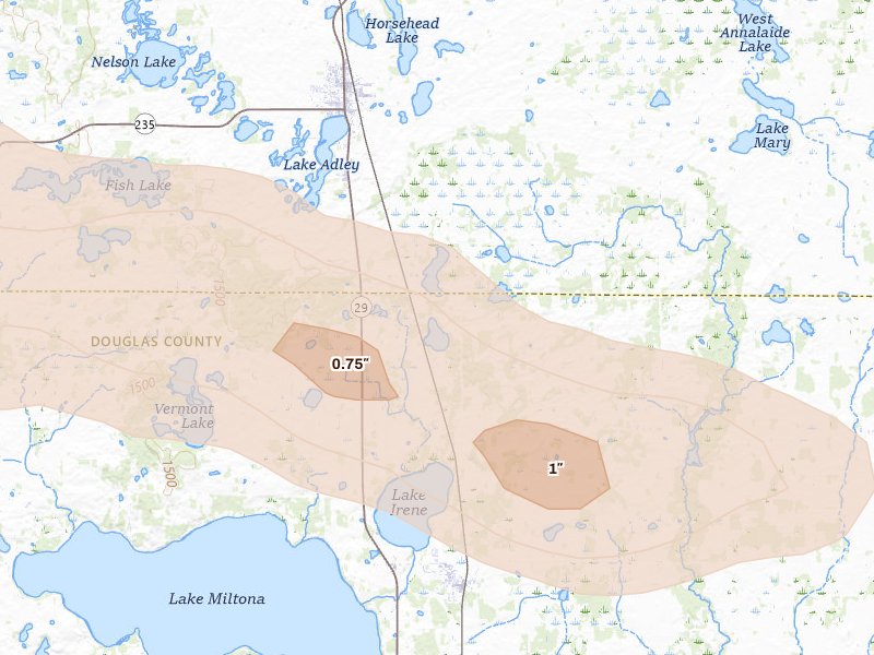 Radar-estimated hail-size map of the storm over Miltona, MN on Sep 3, 2026