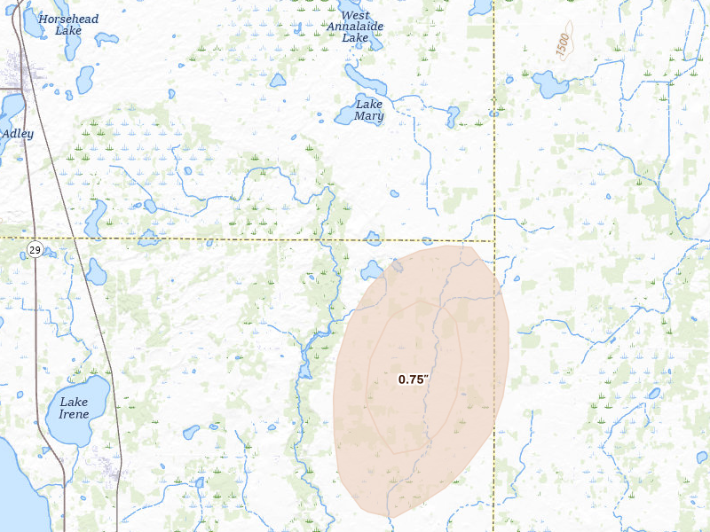 Radar-estimated hail-size map of the storm over Miltona, MN