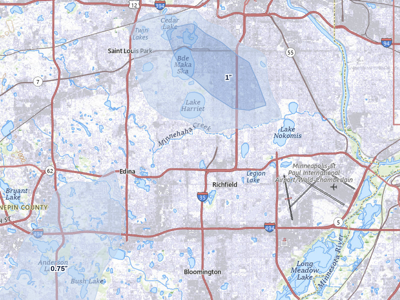 NEXRAD radar-signature map of the hail storm over Minneapolis, MN on Apr 17, 2026