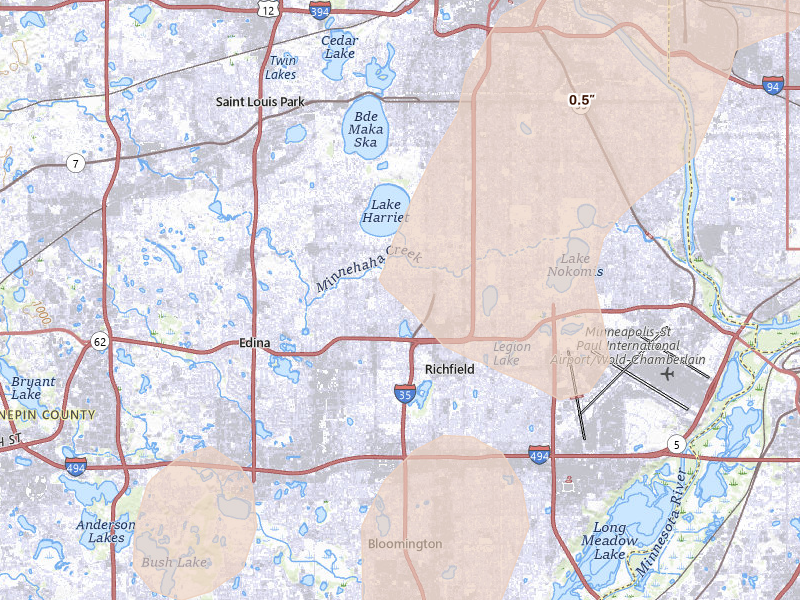 Radar-estimated hail-size map of the storm over Minneapolis, MN on Jun 9, 2026