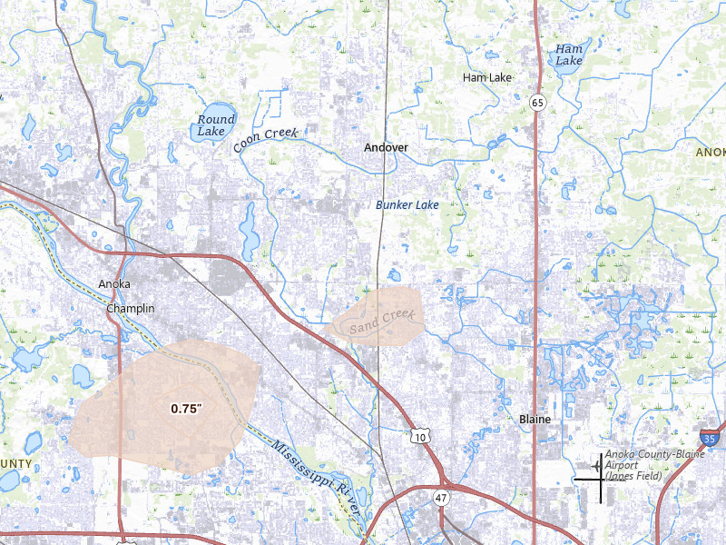 Radar-estimated hail-size map of the storm over Minneapolis, MN on Aug 3, 2026