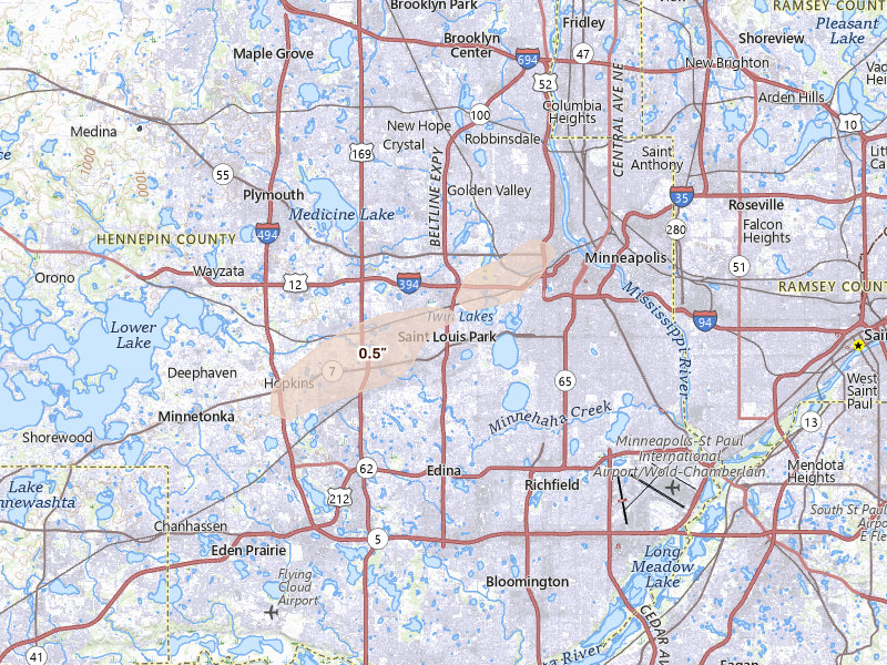 Radar-estimated hail-size map of the storm over Minneapolis, MN
