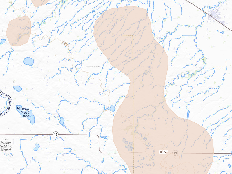 Radar-estimated hail-size map of the storm over Minneota, MN on Jun 9, 2026