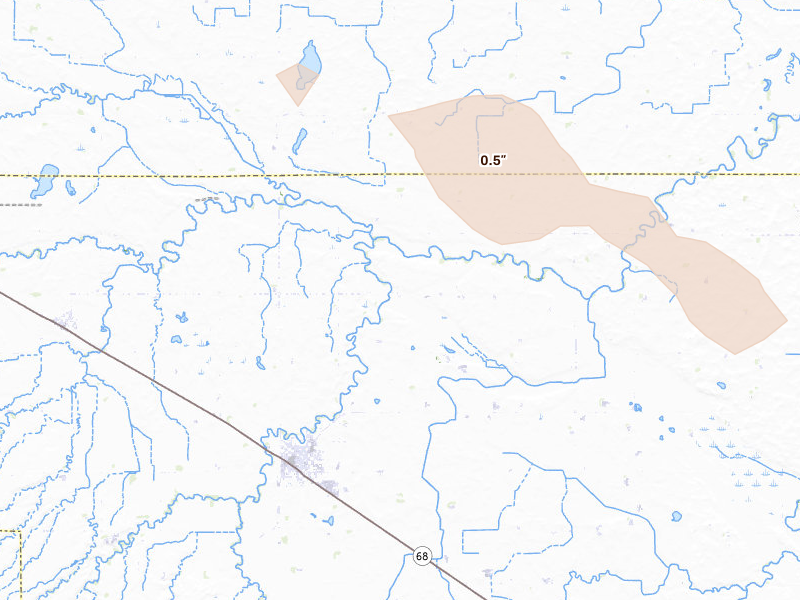 Radar-estimated hail-size map of the storm over Minneota, MN on Jun 15, 2026