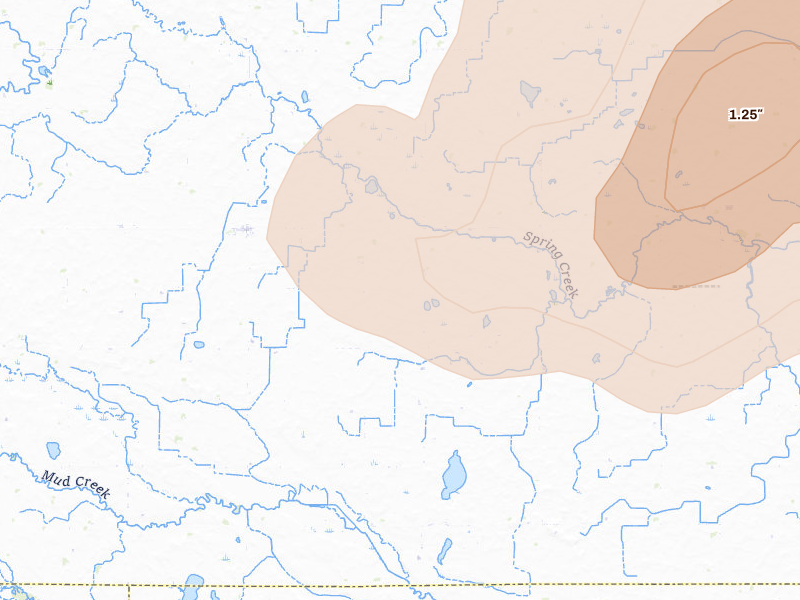 Radar-estimated hail-size map of the storm over Minneota, MN on Aug 6, 2026