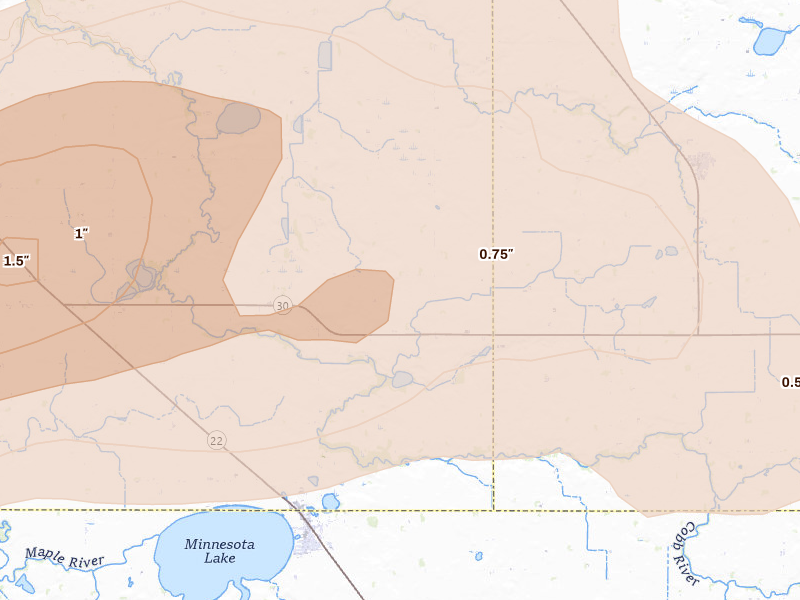 Radar-estimated hail-size map of the storm over Minnesota Lake, MN on Apr 13, 2026
