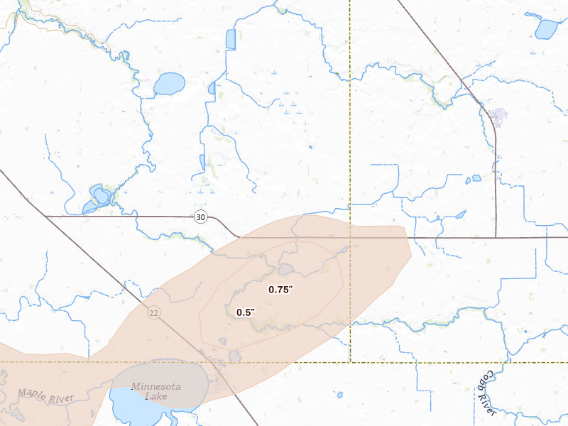 Radar-estimated hail-size map of the storm over Minnesota Lake, MN on May 15, 2026