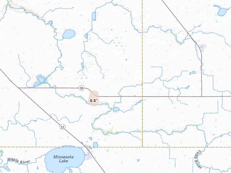 Radar-estimated hail-size map of the storm over Minnesota Lake, MN on Aug 9, 2026