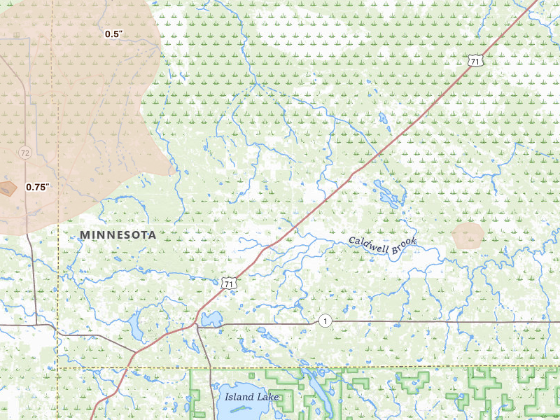 Radar-estimated hail-size map of the storm over Mizpah, MN on Jul 6, 2026