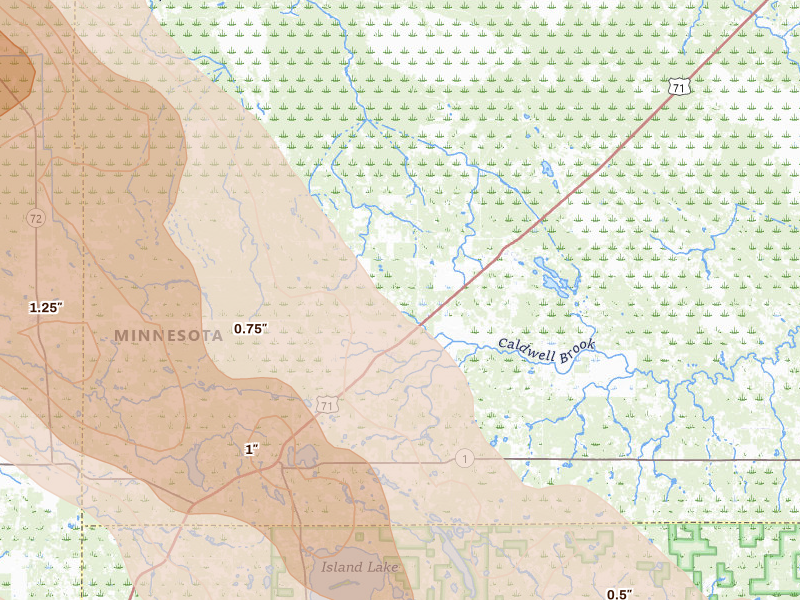 Radar-estimated hail-size map of the storm over Mizpah, MN on Jul 24, 2026