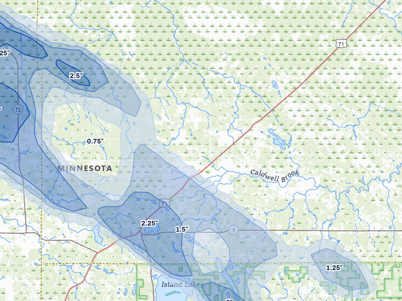 NEXRAD radar-signature map of the hail storm over Mizpah, MN on Jul 24, 2026