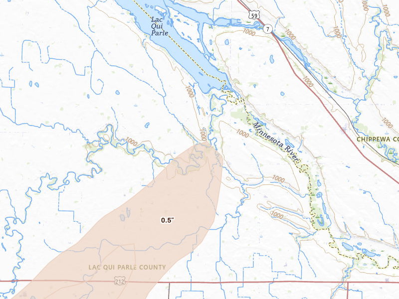 Radar-estimated hail-size map of the storm over Montevideo, MN on Jun 29, 2026