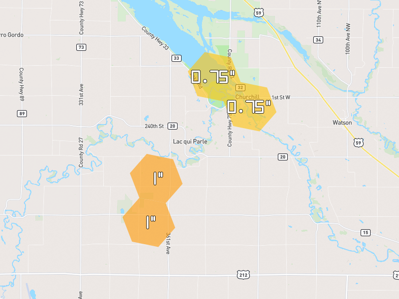 Hail map of Montevideo, MN on Jun 30, 2026, hail up to 1"